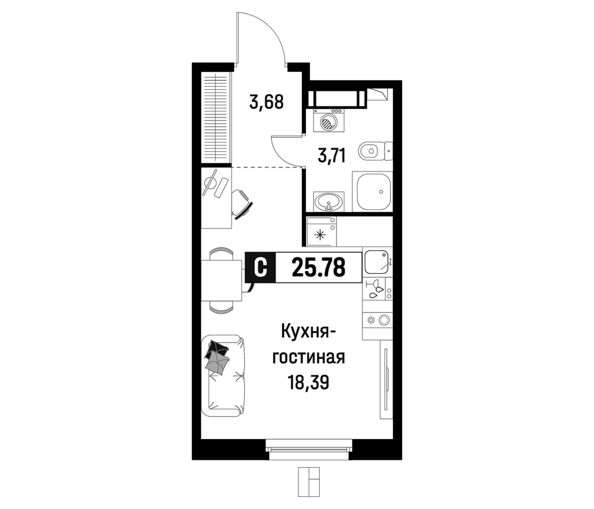 Планировка: Студия 25,8 м² в ЖК «Максималист»