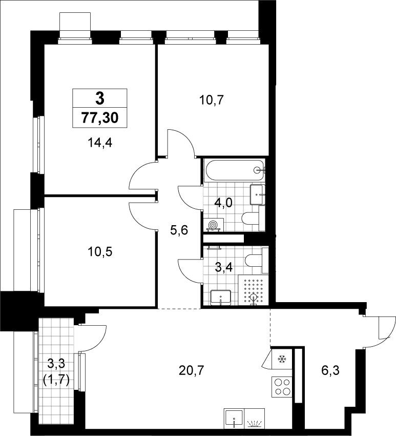 Планировка: Квартира евро-4 75,6 м² в ЖК «Деснаречье»