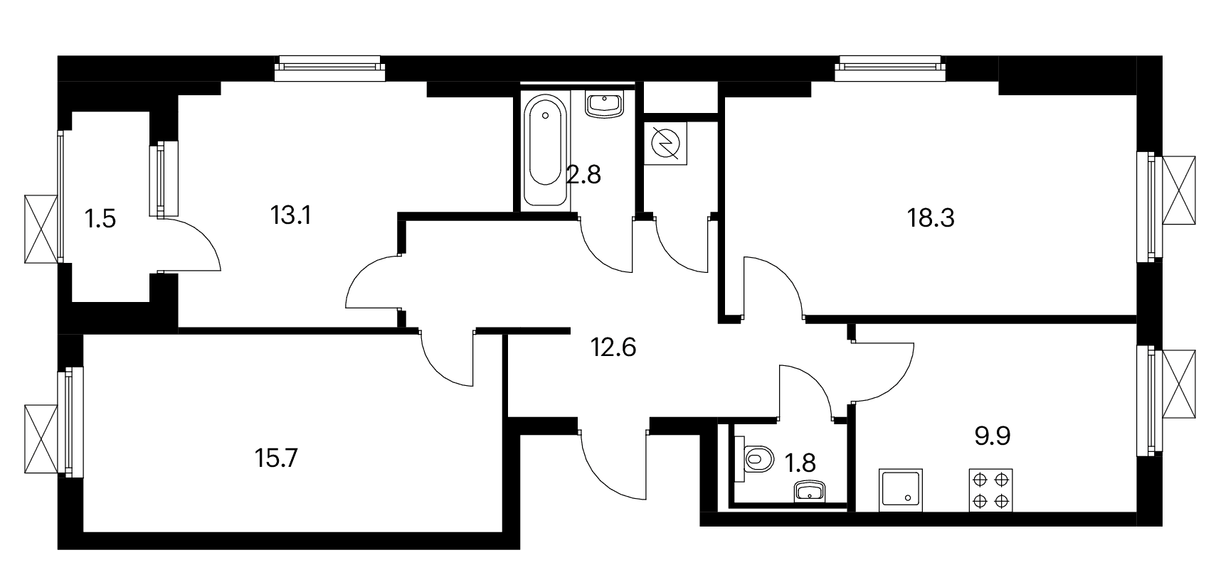 Планировка: 3-комнатная квартира 75,6 м² в ЖК «Белая Дача парк»