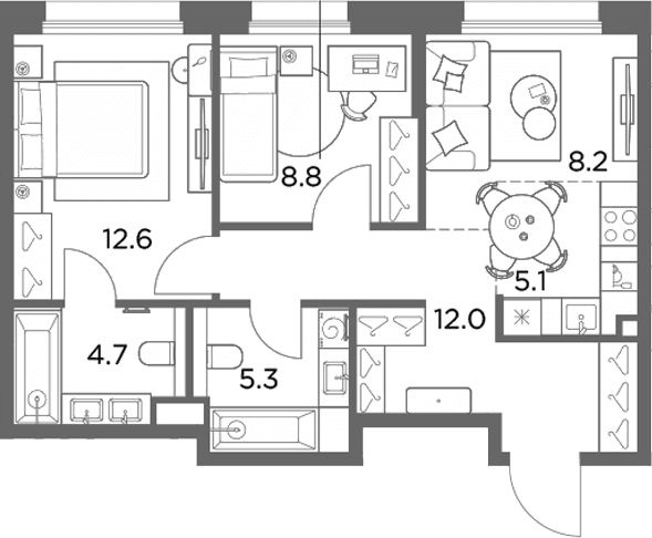 Планировка: Евротрёшка 56,7 м² в ЖК «Станиславский»