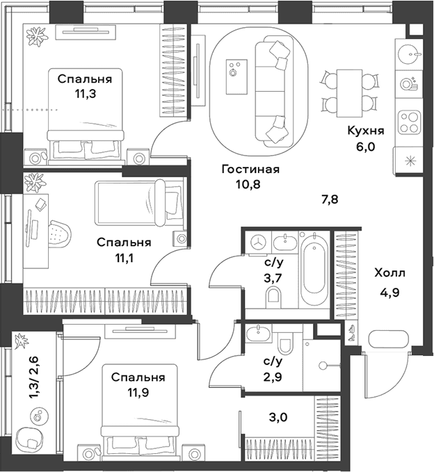 Планировка: Квартира евро-4 73,4 м² в ЖК «АЛИА»