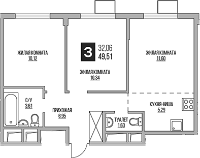 Планировка: Евротрёшка 49,5 м² в ЖК «Гранель Аникеевский»