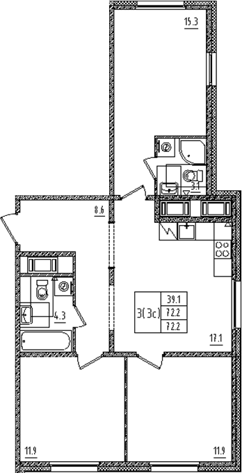 Планировка: Квартира евро-4 72,2 м² в ЖК «Дыбенко парк»