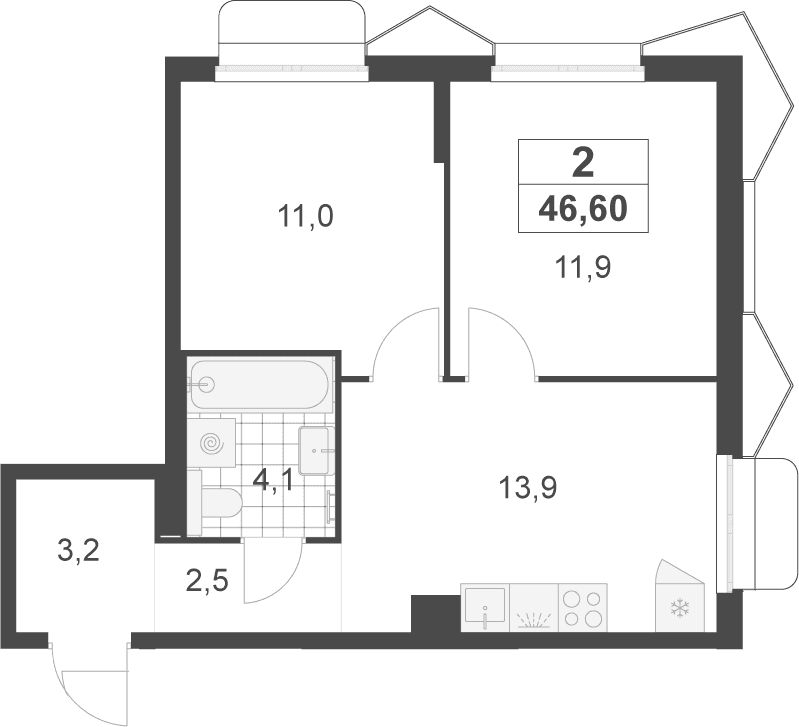 Планировка: 2-комнатная квартира 46,6 м² в ЖК «Деснаречье»