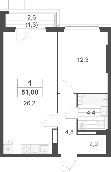Планировка: Евродвушка 49,7 м² в ЖК «Скандинавия»