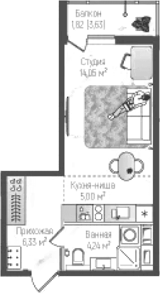Планировка: Студия 29,6 м² в ЖК «Рига Хиллс»