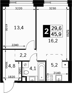 Планировка: Евродвушка 45,9 м² в ЖК «Амбер Сити»