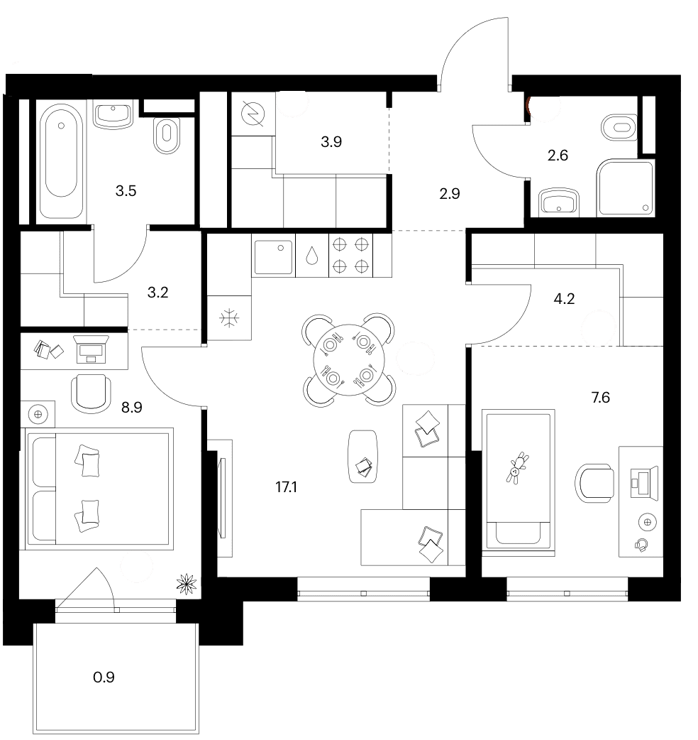 Планировка: 2-комнатная квартира 53,9 м² в ЖК «Зеленый парк»
