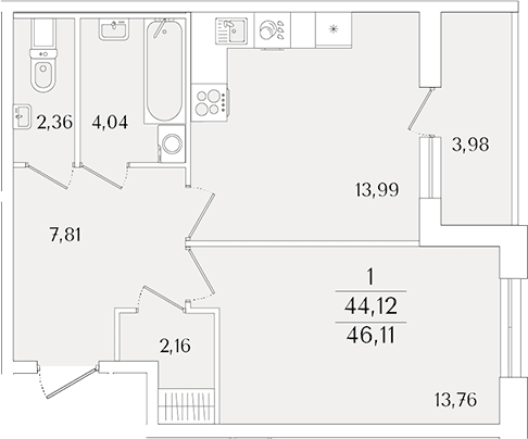 Планировка: Евродвушка 44,1 м² в ЖК «Кинопарк»