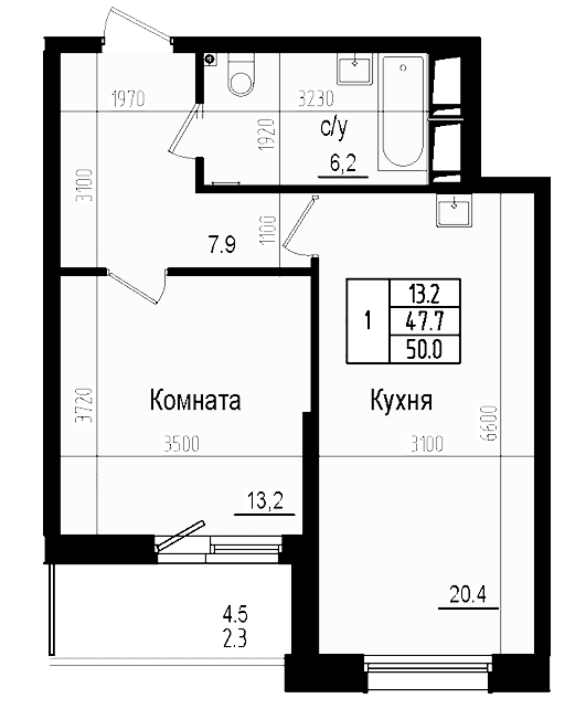 Планировка: Евродвушка 47,7 м² в ЖК «Прагма Сити»