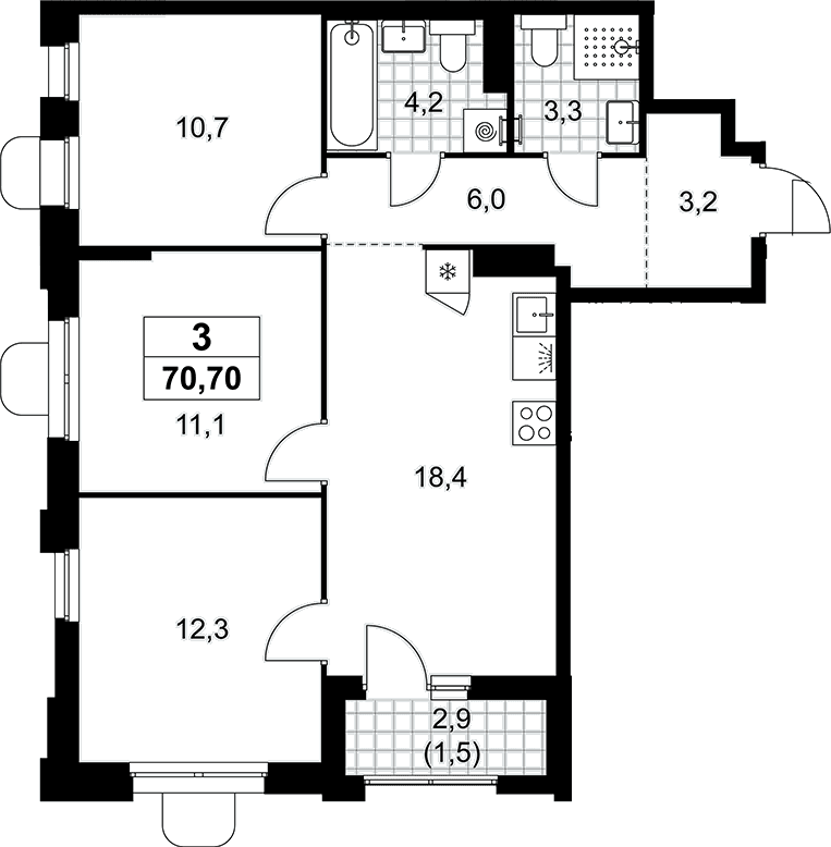 Планировка: Квартира евро-4 69,2 м² в ЖК «Прокшино»