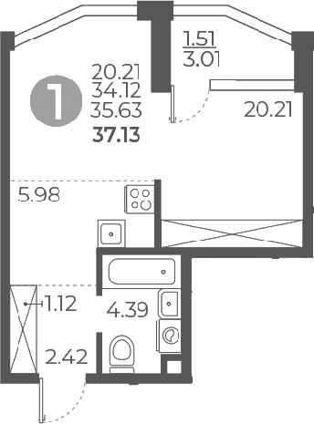 Планировка: Студия 34,1 м² в ЖК «Мневники от Гранель»
