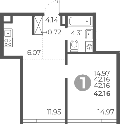 Планировка: 1-комнатная квартира 42,2 м² в ЖК «Мневники от Гранель»