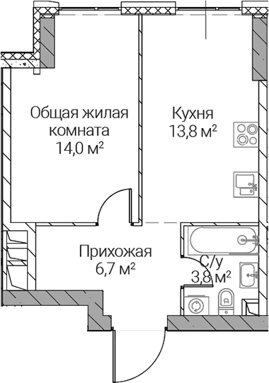 Планировка: 1-комнатная квартира 38,3 м² в ЖК «СЕЗАР СИЛИКА»