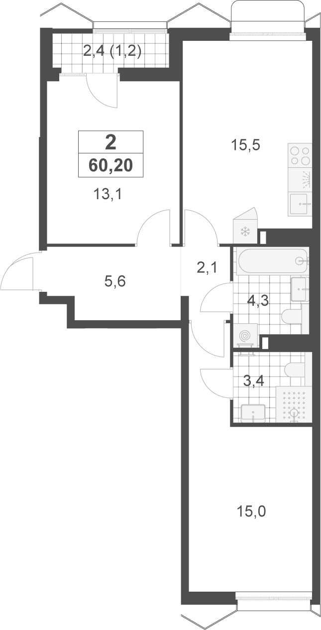 Планировка: 2-комнатная квартира 59 м² в ЖК «Деснаречье»