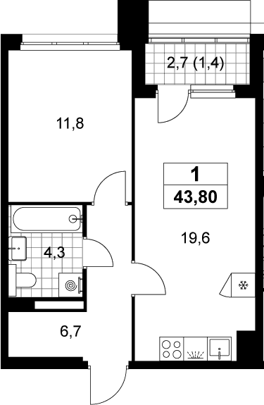 Планировка: Евродвушка 42,4 м² в ЖК «Деснаречье»