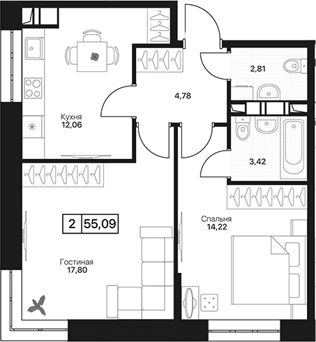 Планировка: 2-комнатная квартира 55,1 м² в ЖК «Пушкино Град»