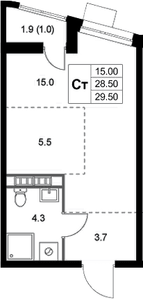 Планировка: Студия 28,5 м² в ЖК «Легенда Коренево»