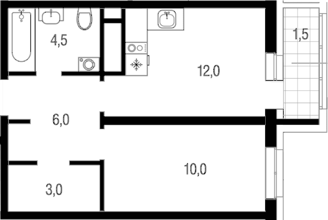 Планировка: 1-комнатная квартира 35,5 м² в ЖК «Котельники парк»