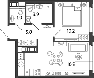 Планировка: Евродвушка 38,7 м² в ЖК «Гений»
