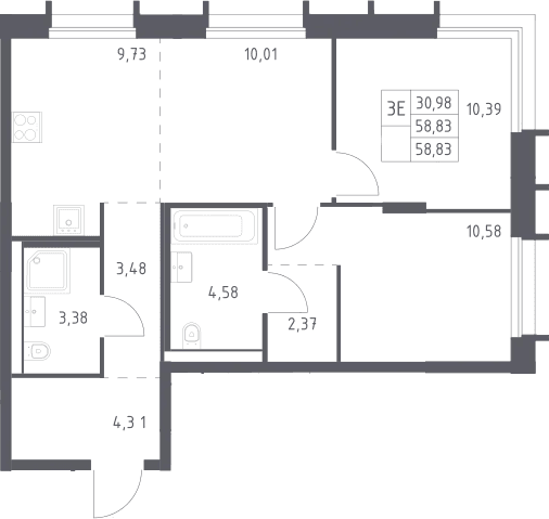 Планировка: Евротрёшка 58,8 м² в ЖК «Квартал Домашний»