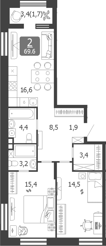 Планировка: Евротрёшка 67,9 м² в ЖК «Шагал»