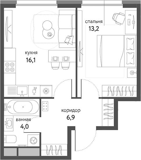 Планировка: 1-комнатная квартира 40,2 м² в ЖК «Сиреневый парк»