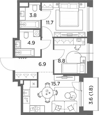Планировка: 2-комнатная квартира 51,8 м² в ЖК «Станиславский»