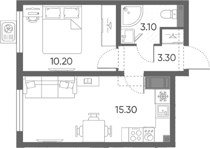 Планировка: Евродвушка 31,9 м² в ЖК «Ручьи 2»