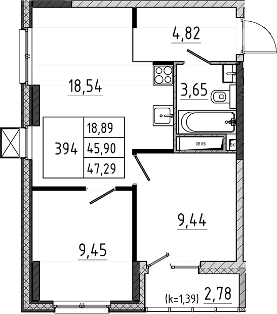 Планировка: Евротрёшка 45,9 м² в ЖК «Поварово-Молодежный-2»