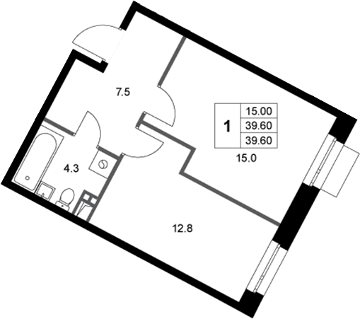 Планировка: 1-комнатная квартира 39,6 м² в ЖК «Кореневский Форт 2.3»