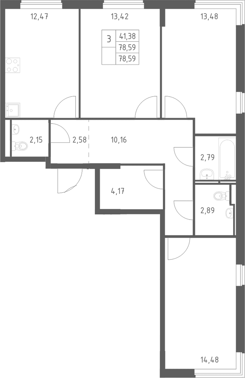 Планировка: 3-комнатная квартира 78,6 м² в ЖК «Мытищи Парк»
