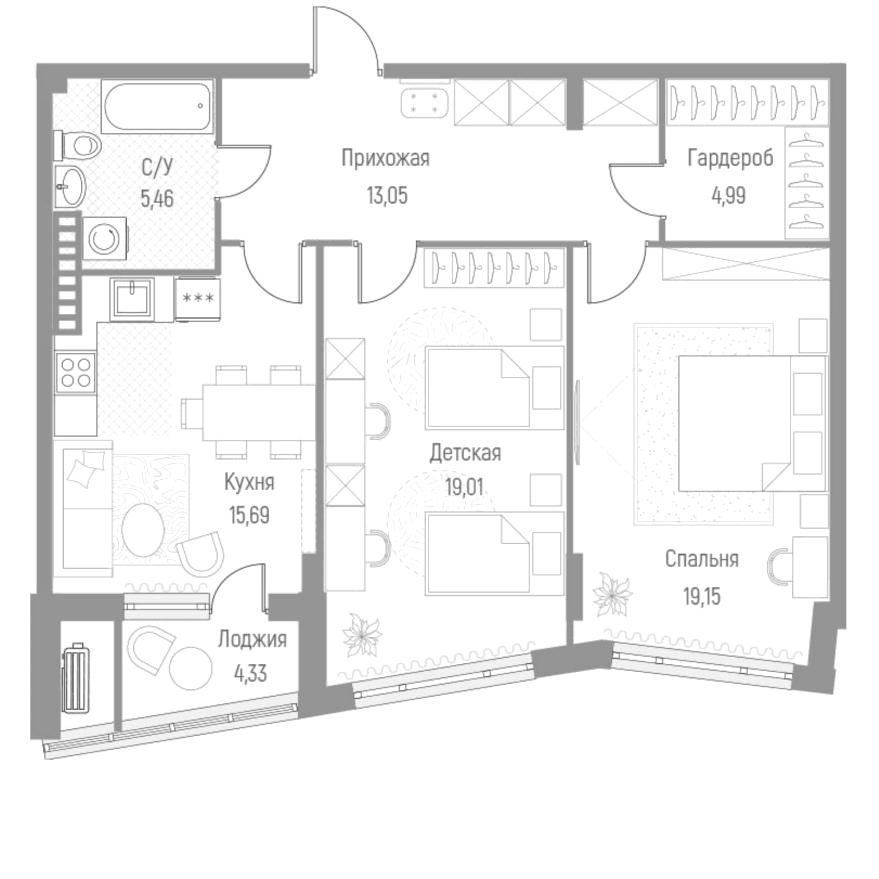 Планировка: 2-комнатная квартира 77,3 м² в ЖК «Эльйон»