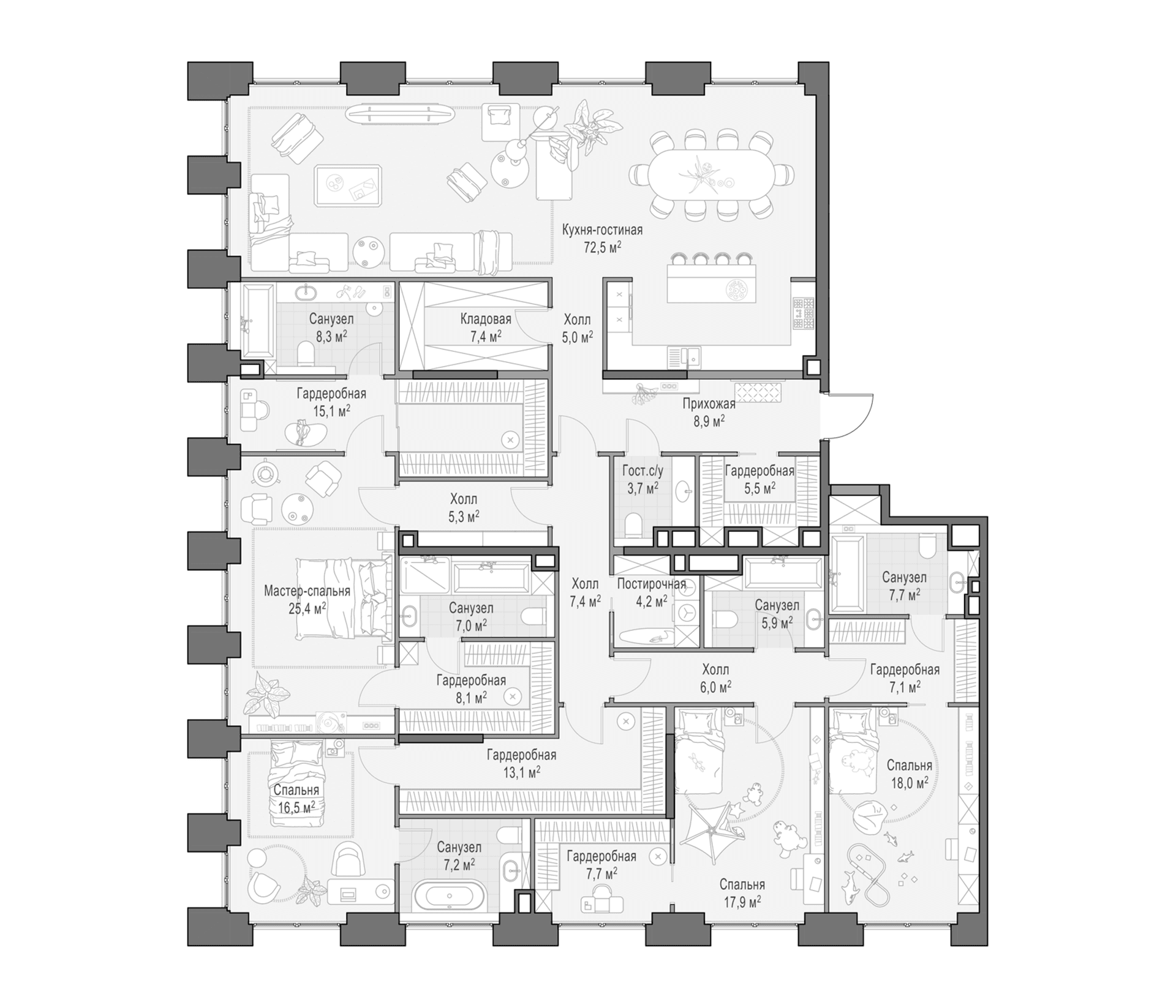Планировка: Квартира евро-5 293,7 м² в ЖК «Квартал Life Time»