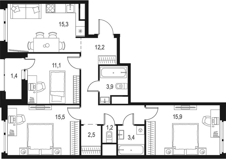 Планировка: 3-комнатная квартира 81 м² в ЖК «Левел Лесной»