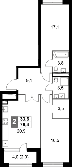 Планировка: 2-комнатная квартира 74,4 м² в ЖК «Скай Гарден»