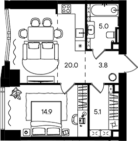 Планировка: Евродвушка 48,8 м² в ЖК «СТОУН Блик»