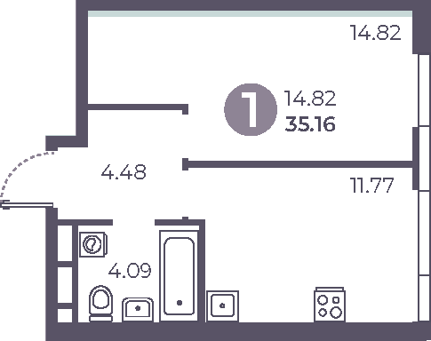 Планировка: 1-комнатная квартира 35,2 м² в ЖК «Нижегородская от Гранель»