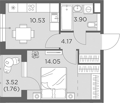 Планировка: 1-комнатная квартира 32,7 м² в ЖК «Одинград, квартал Семейный»