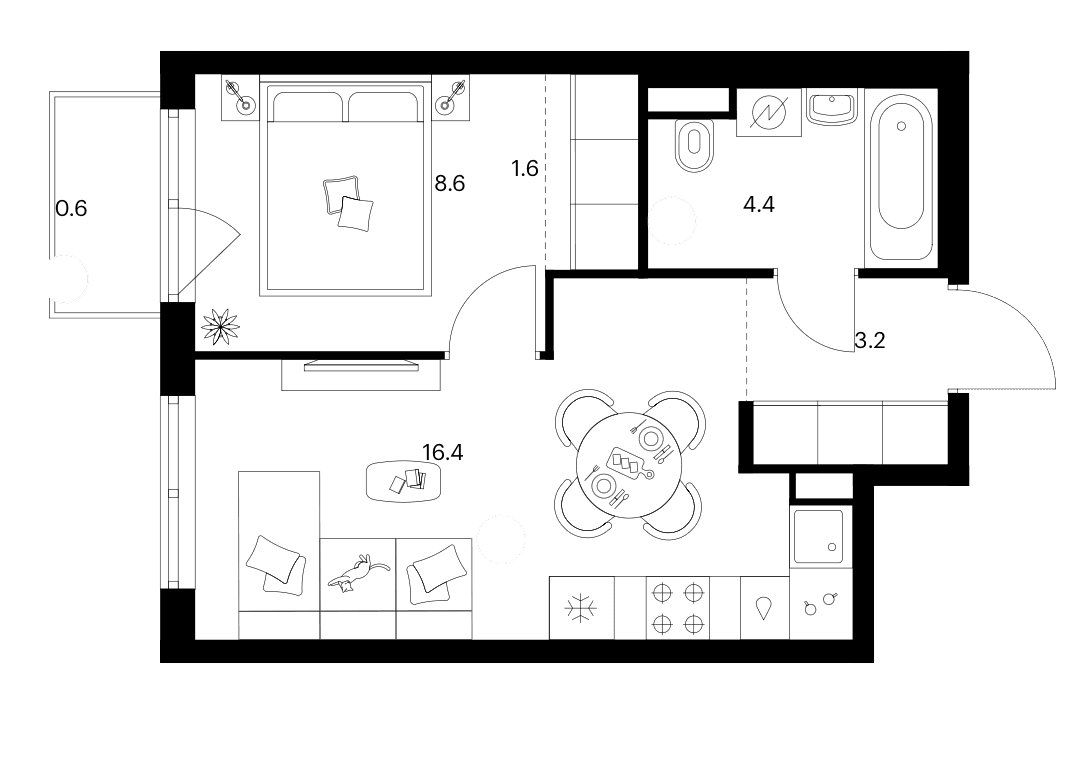 Планировка: 1-комнатная квартира 34,2 м² в ЖК «Москворечье»