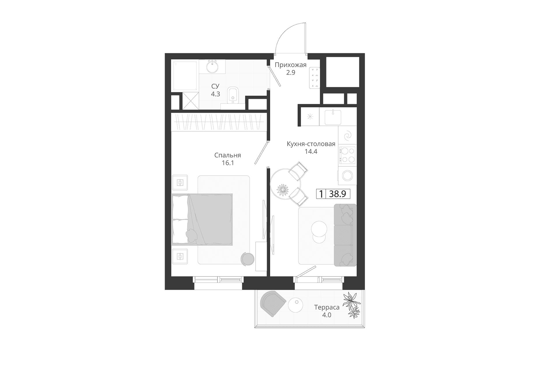 Планировка: Евродвушка 37,7 м² в ЖК «ГРЭЙ»