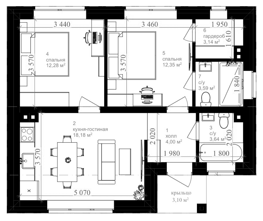 Планировка: Коттедж 60,3 м² в ЖК «Коттеджный поселок Софьино-2»