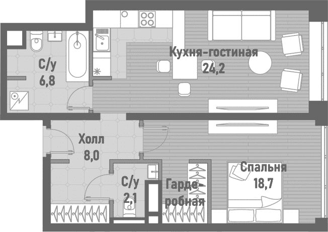Планировка: Евродвушка 60,1 м² в ЖК «Ренессанс»