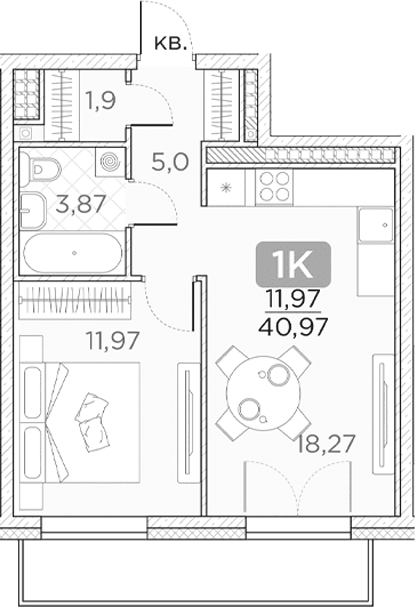 Планировка: Евродвушка 41 м² в ЖК «Гильдия»