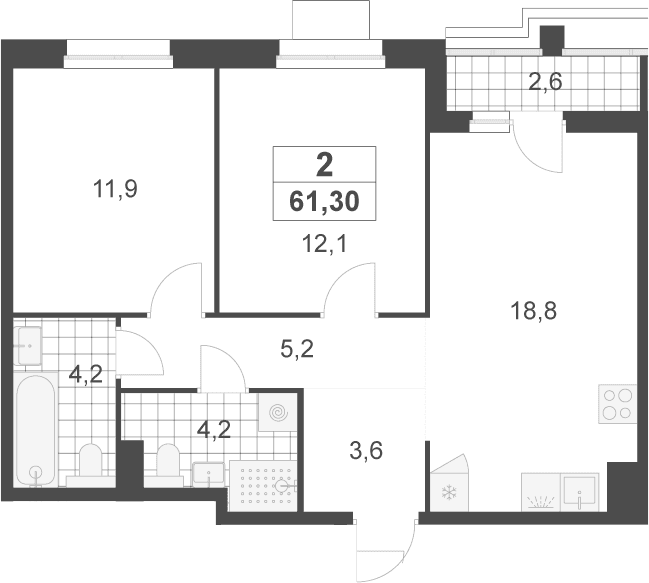 Планировка: Евротрёшка 60 м² в ЖК «Деснаречье»