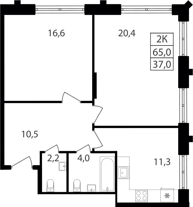 Планировка: 2-комнатная квартира 65 м² в ЖК «Варшавские ворота»
