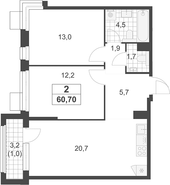 Планировка: Евротрёшка 59,7 м² в ЖК «Южные сады»