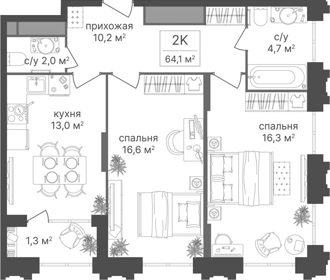 Планировка: 2-комнатная квартира 62,3 м² в ЖК «Варшавские ворота»