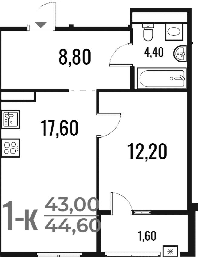 Планировка: 1-комнатная квартира 43 м² в ЖК «Новое Летово»
