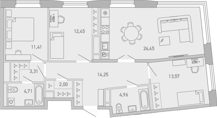 Планировка: 3-комнатная квартира 93,1 м² в ЖК «Министр»